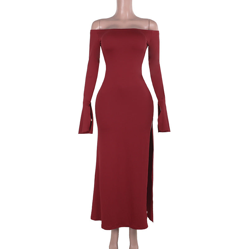 Damen figurbetontes schulterfreies Maxikleid mit elegantem Schlitz R&B