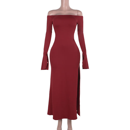 Damen figurbetontes schulterfreies Maxikleid mit elegantem Schlitz R&B