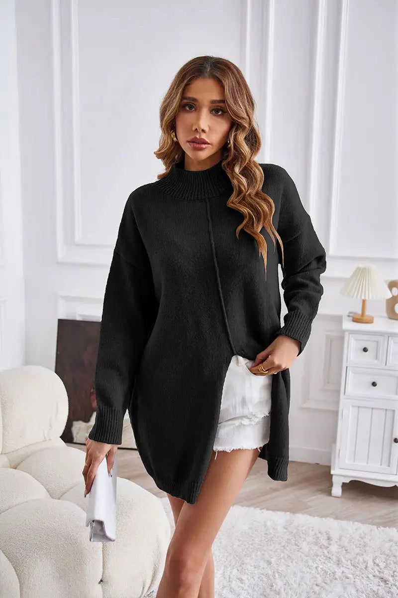 Damen Grobstrickpullover mit hohem Kragen und asymmetrischem Schnitt R&B