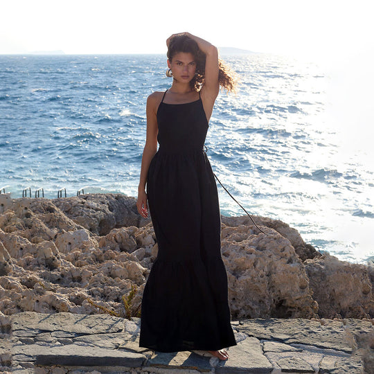 Damen Elegantes Maxikleid aus Leinen mit Querriemen R&B
