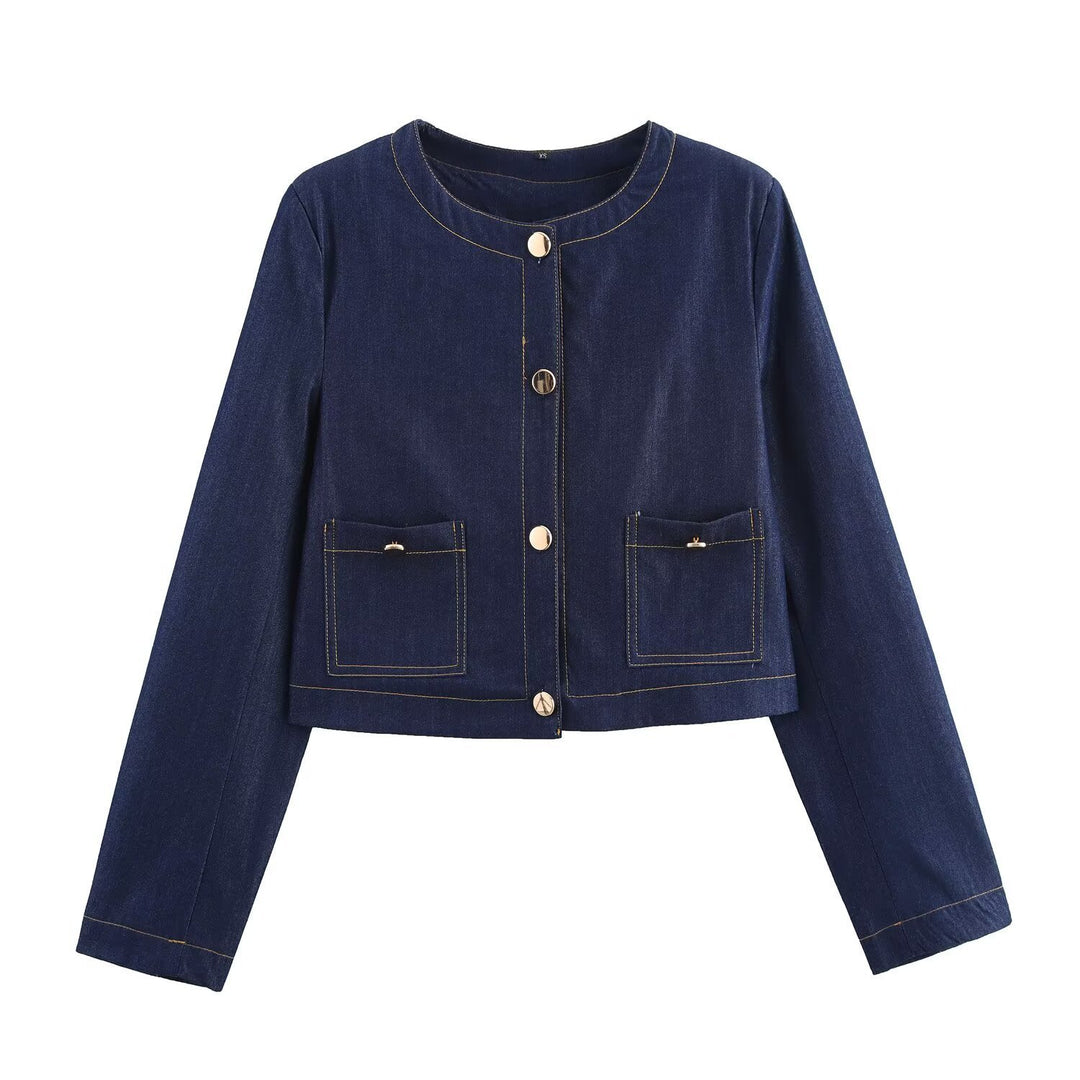 Damen cropped Jeansjacke mit aufgesetzten Taschen und eleganter Knopfdetails R&B