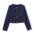 Damen cropped Jeansjacke mit aufgesetzten Taschen und eleganter Knopfdetails