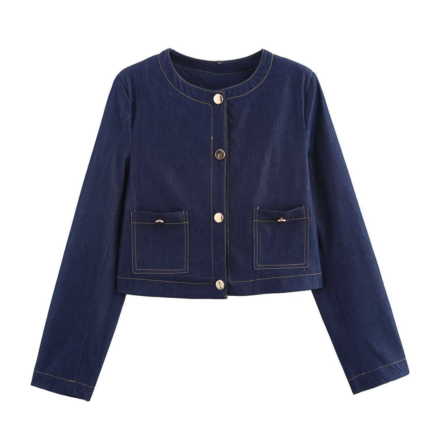 Damen cropped Jeansjacke mit aufgesetzten Taschen und eleganter Knopfdetails