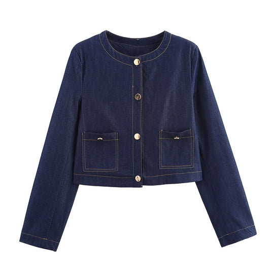 Damen cropped Jeansjacke mit aufgesetzten Taschen und eleganter Knopfdetails R&B