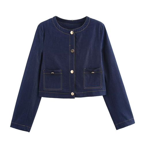 Damen cropped Jeansjacke mit aufgesetzten Taschen und eleganter Knopfdetails R&B