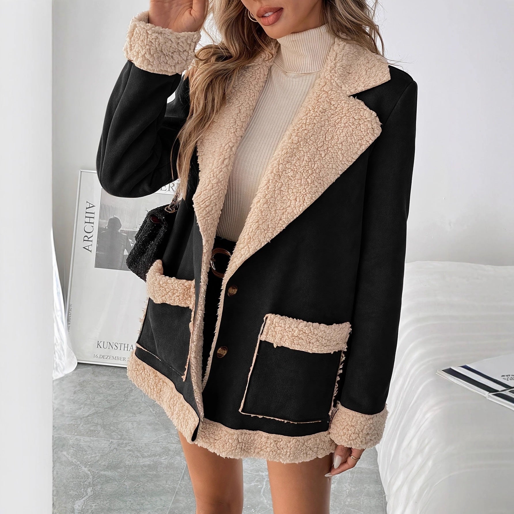 Damen Oversized Teddy-Jacke mit Taschen und weich gefüttertem Kragen