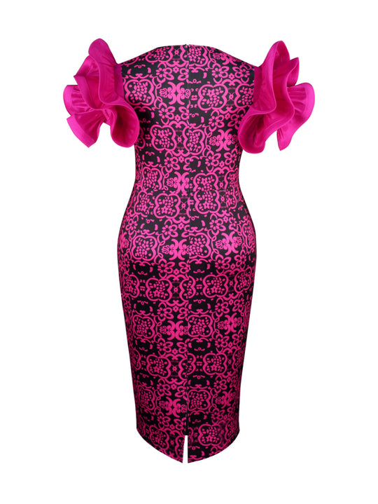 Damen Elegantes Etuikleid mit innovativen Puffärmeln und floralem Muster R&B