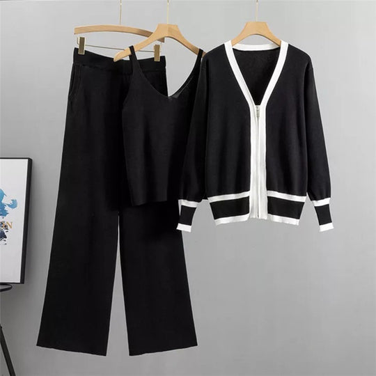 Damen lässiges Strick-Loungewear-Set mit hochwertigem Zip-Cardigan und Weitbein-Hosen R&B