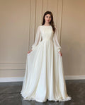 R&B | Durchsichtiges Weißes Hochzeitskleid Rundhalsausschnitt Lange Ärmel Kleid