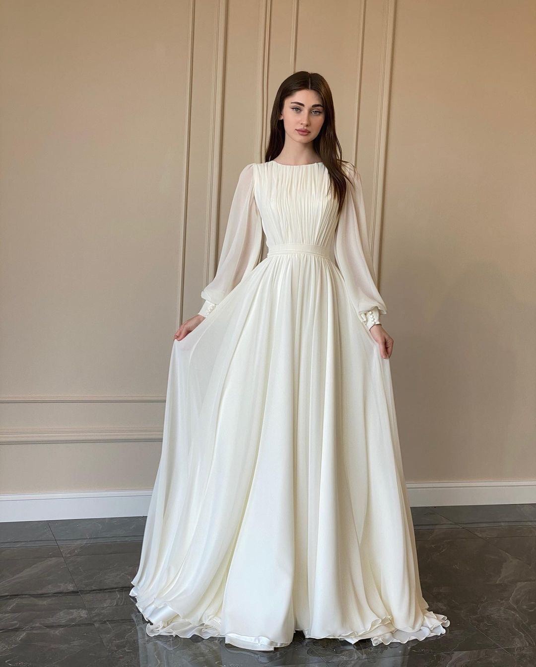 R&B | Durchsichtiges Weißes Hochzeitskleid Rundhalsausschnitt Lange Ärmel Kleid