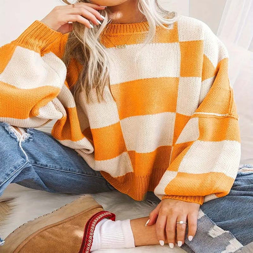 Damen lässiger kariert Pullover mit weiten Ärmeln und Rundhalsausschnitt R&B