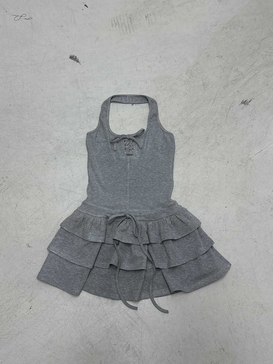 Damen lässiges Trägerkleid mit rüschenförmigem Saum und detailreicher Schnürung R&B