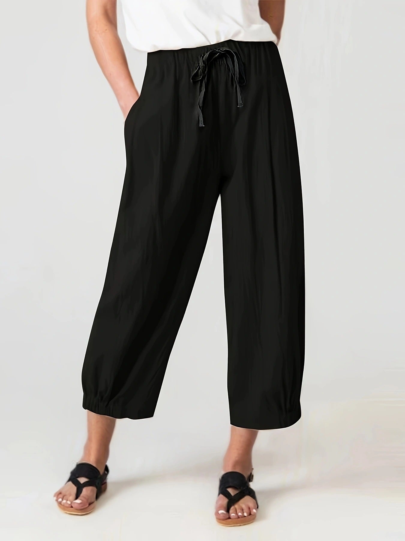 Damen lockere Leinenhose mit elastischem Bund und modernen Raffungen