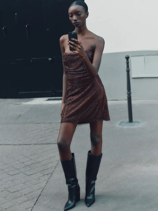 Damen Glitzerndes Cocktailkleid mit schulterfreiem Design und funkelnden Pailletten R&B