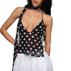 Damen Polka-Dot Oberteil mit dekorativem Halstuch und leichtem Stoff R&B