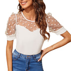 Damen Elegantes Oberteil mit transparenten Puffärmeln und Punkten R&B