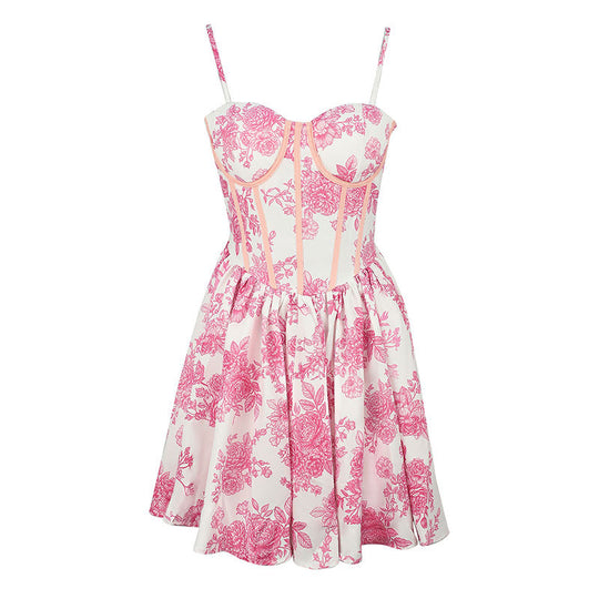 Damen Blumenkleid mit Korsett-Oberteil und schwingendem Rock R&B