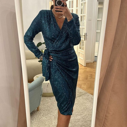 Damen Glamouröses Pailletten-Kleid mit Wickeloptik und langen Ärmeln R&B