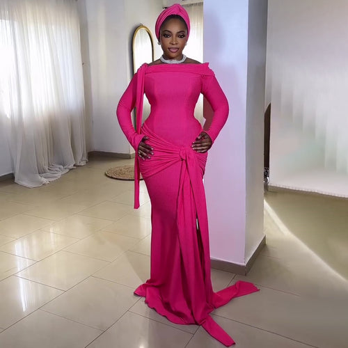 Damen Elegantes Langarmkleid mit asymmetrischem Drapé und Schleifenakzent R&B