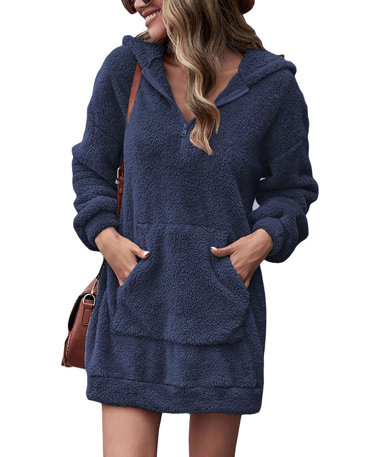 Damen kuscheliges Fleece-Kleid mit Kapuze und Taschen R&B