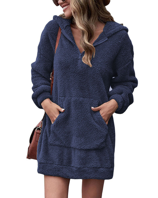 Damen kuscheliges Fleece-Kleid mit Kapuze und Taschen R&B