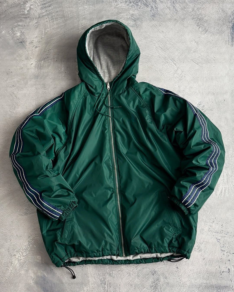 Unisex nan weit geschnittene Windjacke mit Kapuze wattiertem Fleeceinnenfutter Tunnelzugsaum und Zierstreifen an Ärmeln R&B