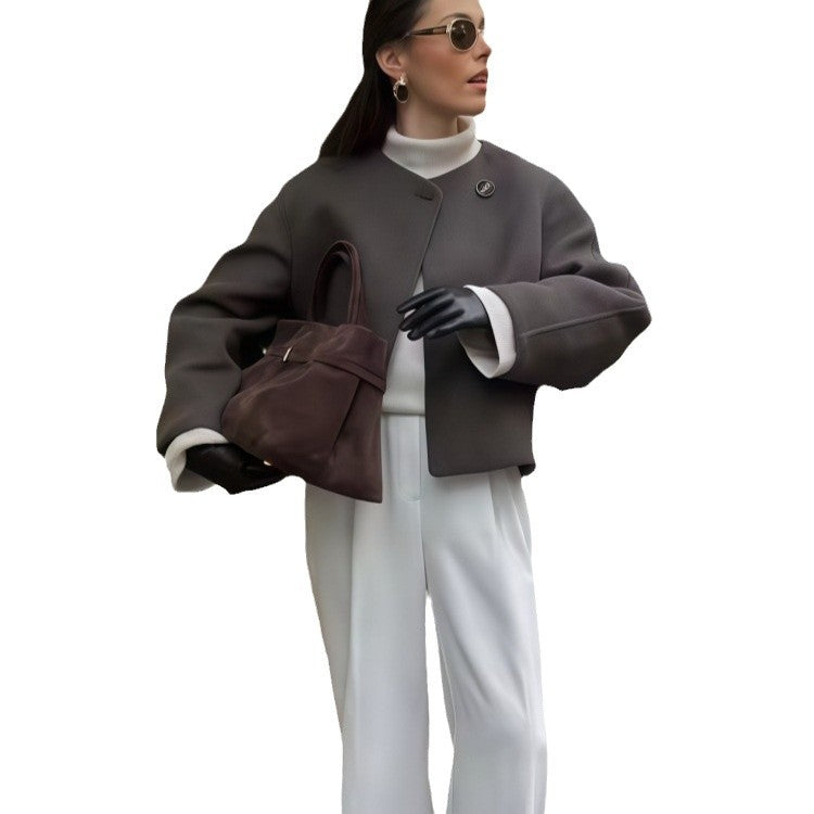 Damen Wickeljacke mit weiten Ärmeln und dekorativem Knopf R&B