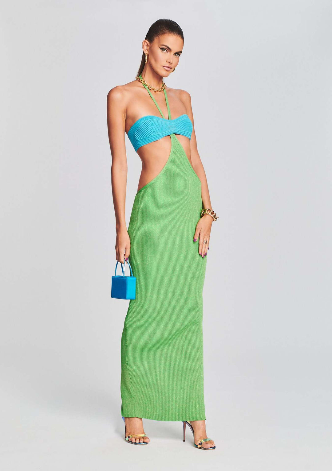 Damen Maxikleid mit kreativem Cut-Out-Design und schulterfreiem Oberteil R&B