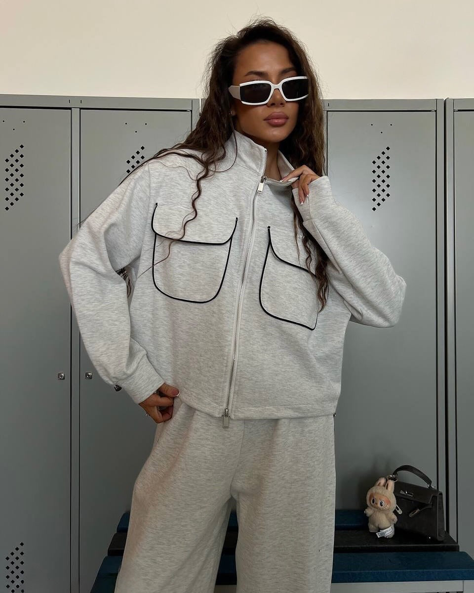 Damen sportliches Fleece-Set mit modischen Kontrasten und praktischen Taschen R&B