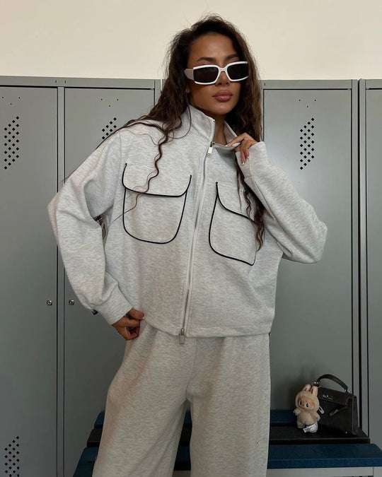 Damen sportliches Fleece-Set mit modischen Kontrasten und praktischen Taschen R&B