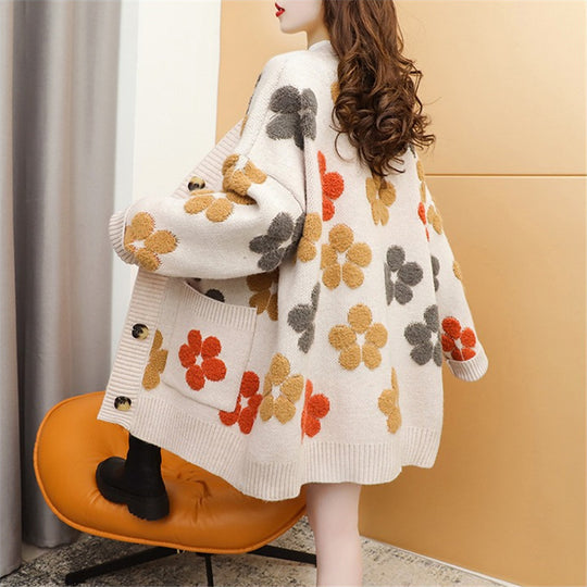 Damen Kuscheliger Strick-Cardigan mit floralen Applikationen und Knöpfen R&B