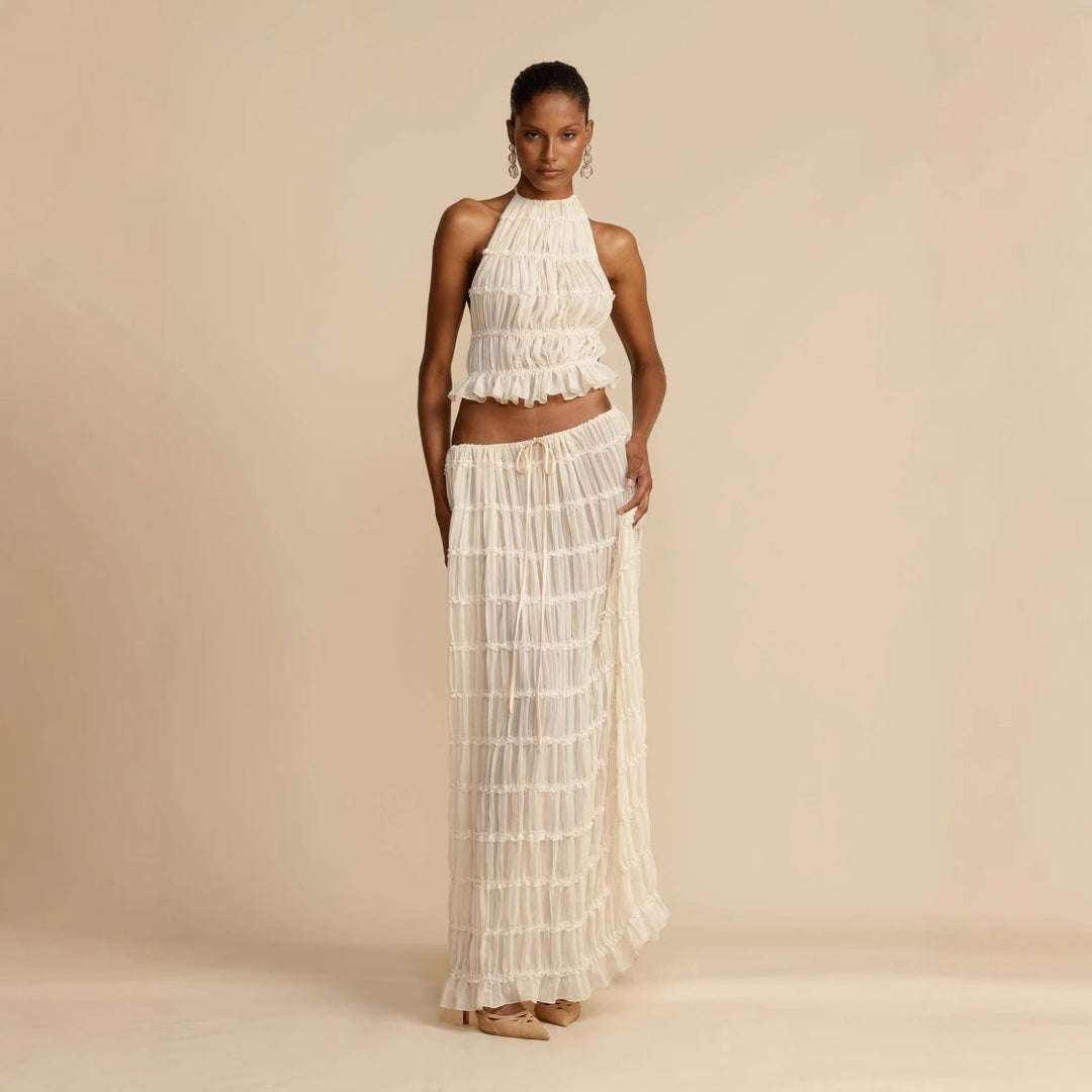 Damen Elegantes und verspieltes Zweiteiliges Sommerkleid mit gerafftem Oberteil und fließendem Rock R&B
