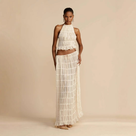 Damen Elegantes und verspieltes Zweiteiliges Sommerkleid mit gerafftem Oberteil und fließendem Rock R&B