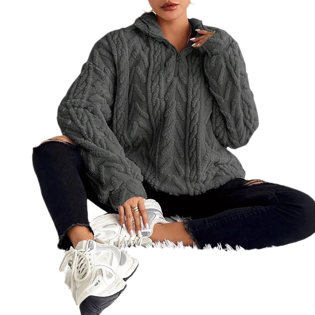 Damen Gemusterter Oversized-Fleece-Pullover mit hohem Kragen R&B