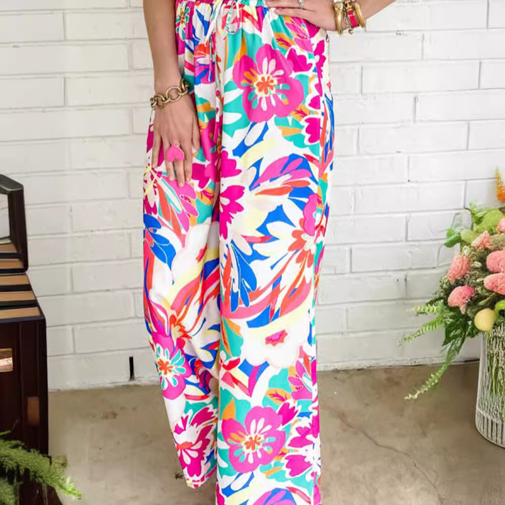 Damen weite Palazzo-Hose mit buntem Blumenmuster und elastischem Bund R&B
