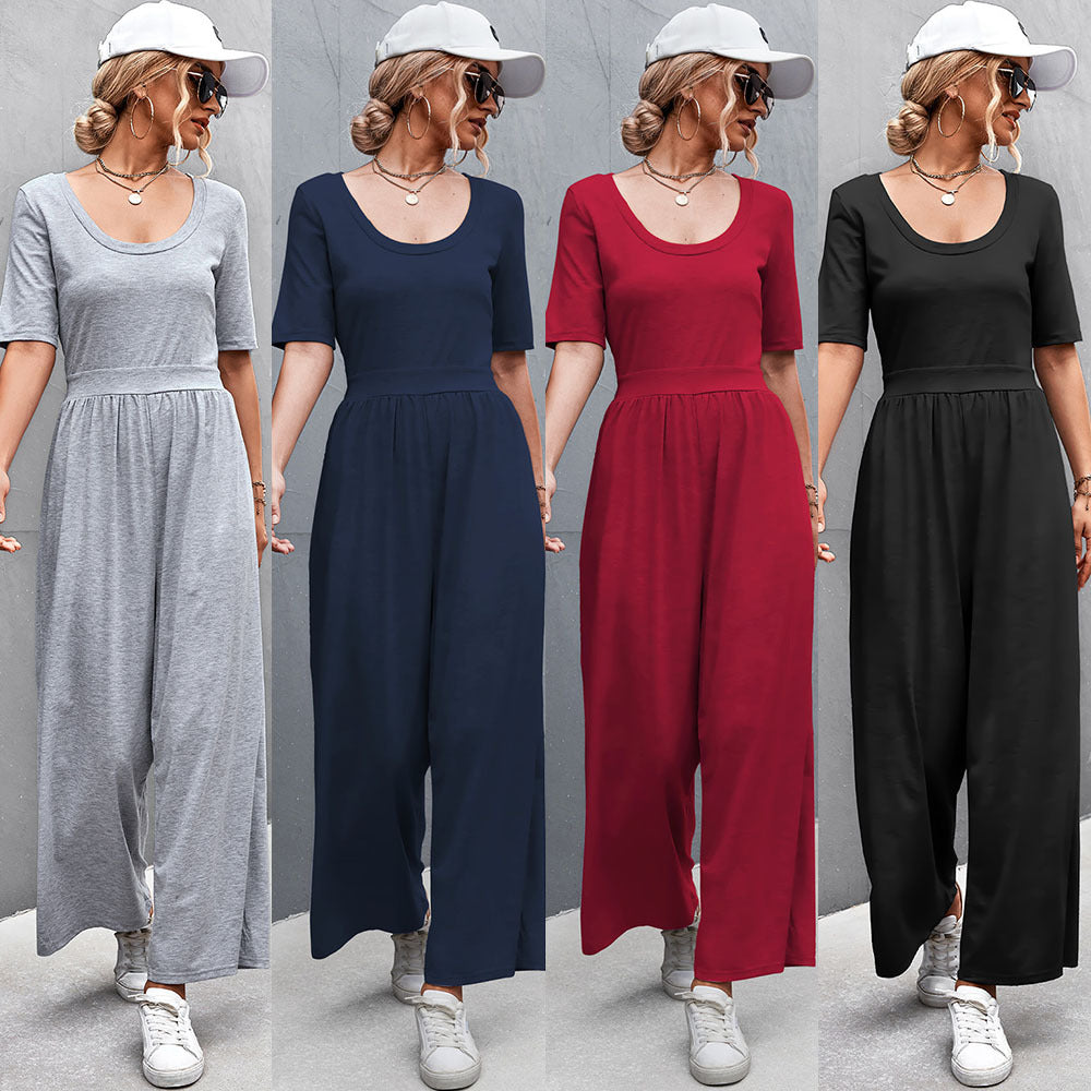 Damen Jumpsuit mit weitem Bein und elegantem Rundhalsausschnitt R&B