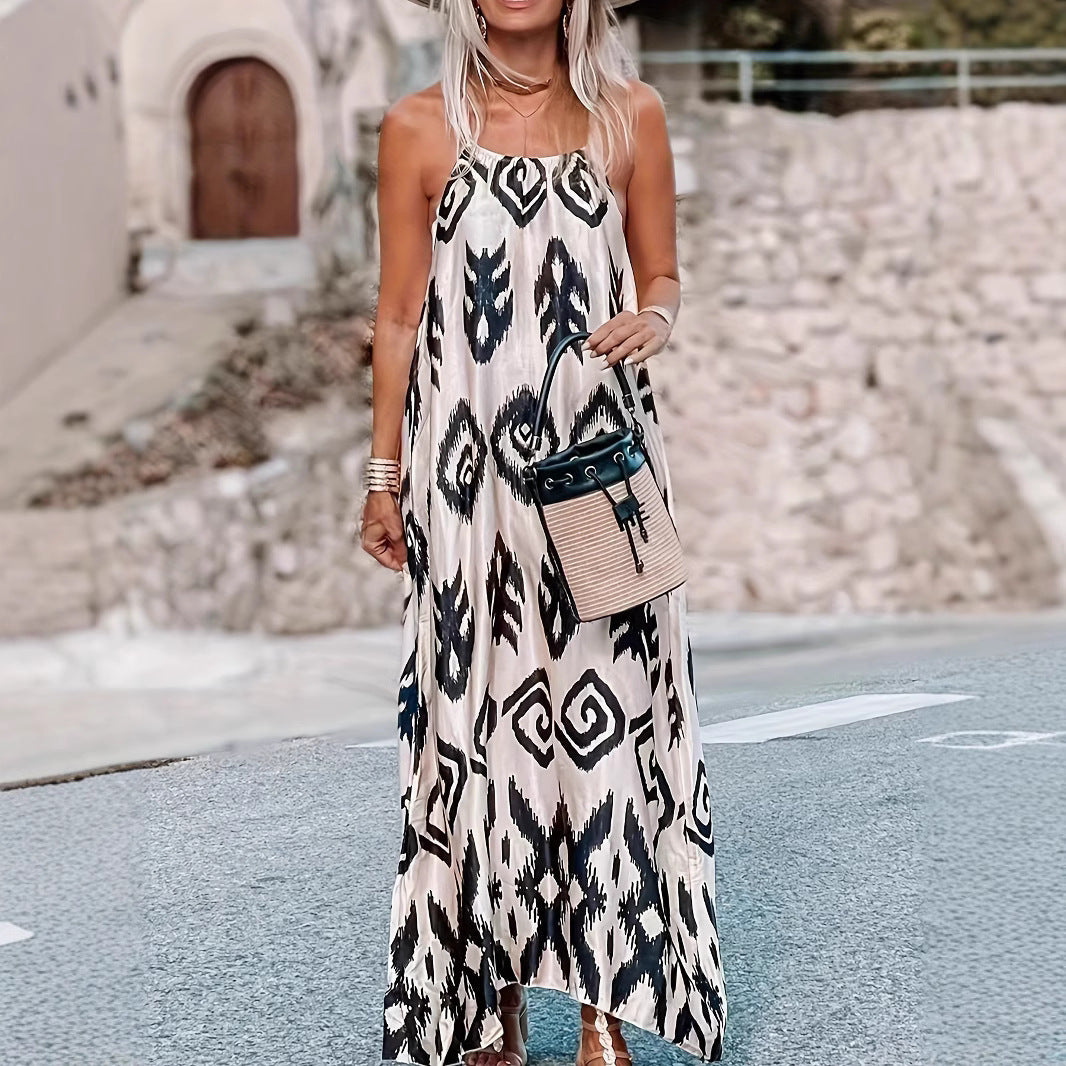 Damen maxi Kleid mit zeitgemäßem Tribal-Muster und schwingendem Saum R&B