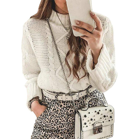 Damen modischer Strickpullover mit eleganten Zopfmustern und leichtem Rollkragen R&B