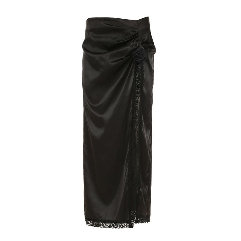 Damen eleganter Satin-Abendrock mit raffinierten Rüschen und Spitzenakzenten R&B