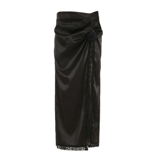 Damen eleganter Satin-Abendrock mit raffinierten Rüschen und Spitzenakzenten R&B