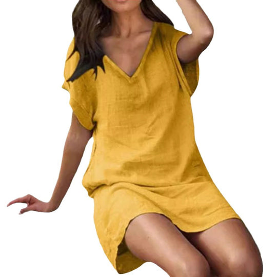 Damen nan luftiges Minikleid in Leinenoptik mit V-Ausschnitt und überschnittenen Schultern R&B