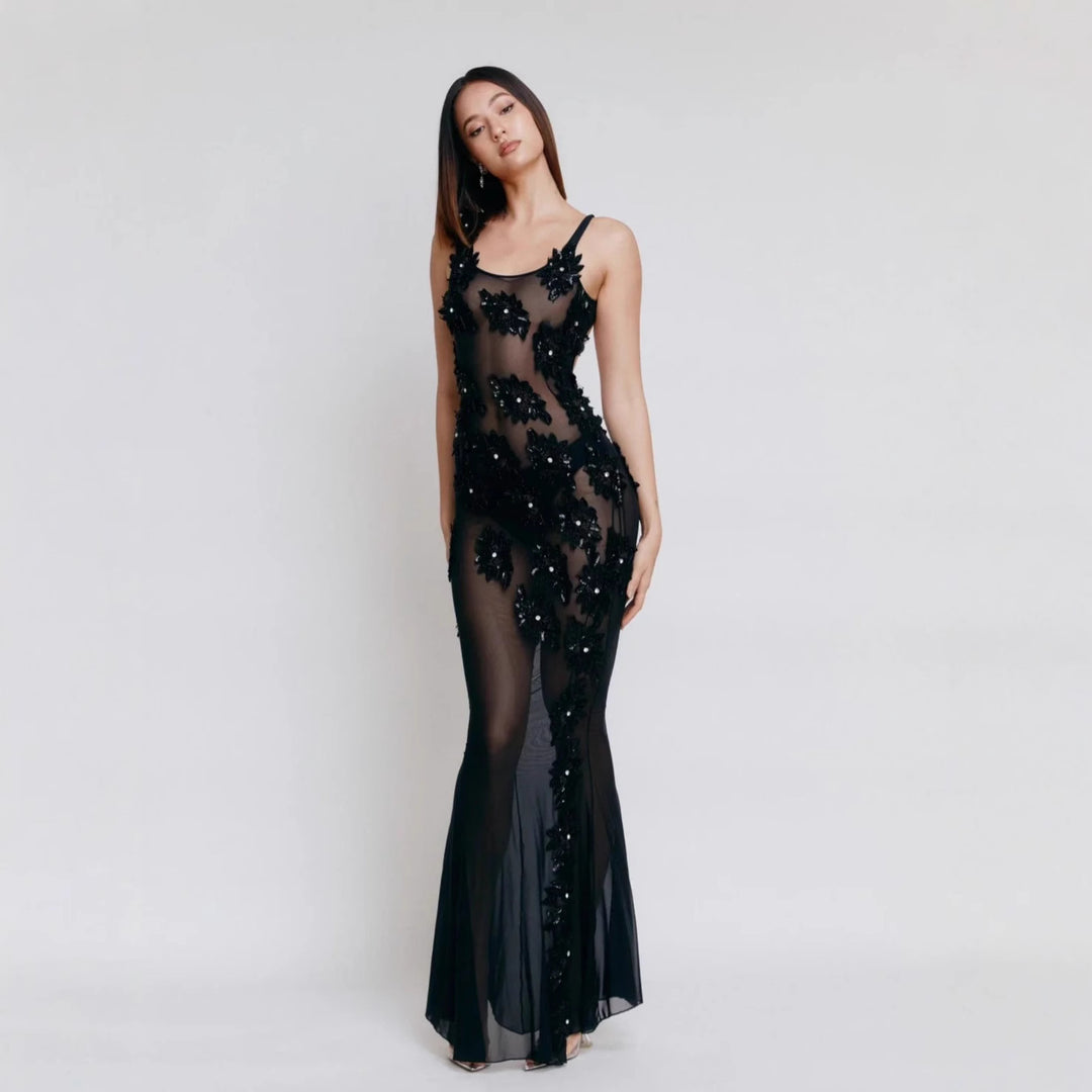 Damen Elegantes Semi-Transparente Abendkleid mit floralen Pailletten und figurbetontem Schnitt R&B
