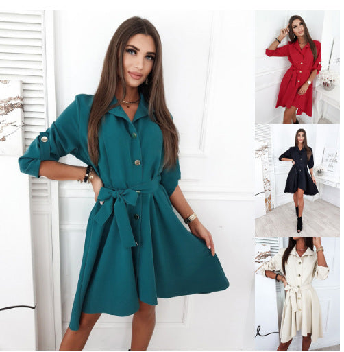 Damen Elegantes Hemdblusenkleid mit Taillengürtel und Knopfdetails R&B