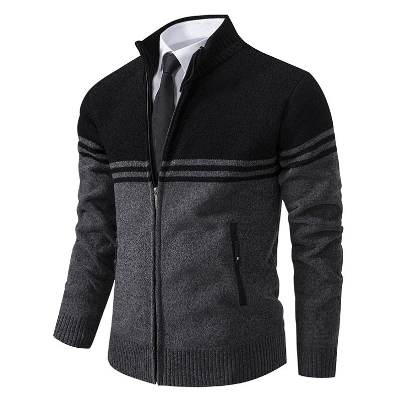 Herren sportliche und modische Strickjacke mit Reißverschluss und kontrastierenden Streifen R&B