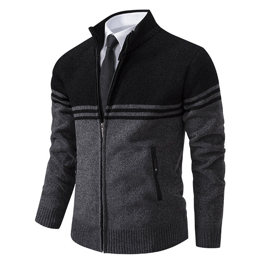 Herren sportliche und modische Strickjacke mit Reißverschluss und kontrastierenden Streifen R&B