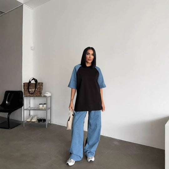 Damen lässiges Sportanzug-Set mit oversized Oberteil und weitem Bein R&B
