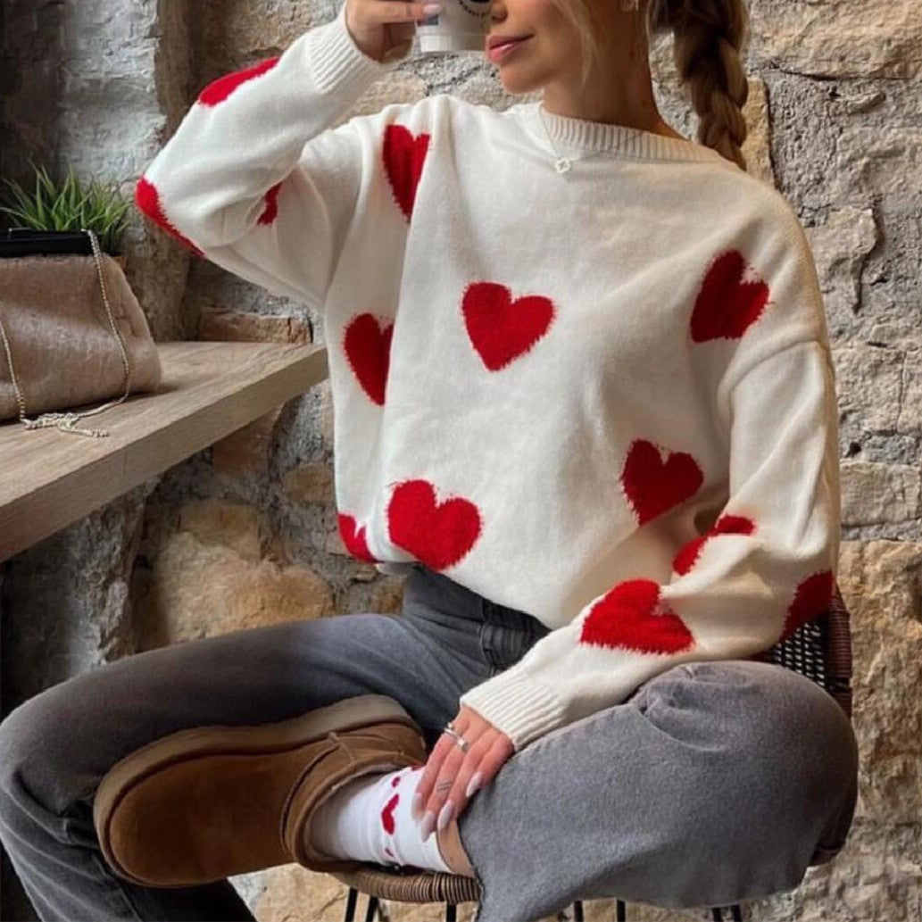 Damen Bequemer Sweater mit Herzmuster