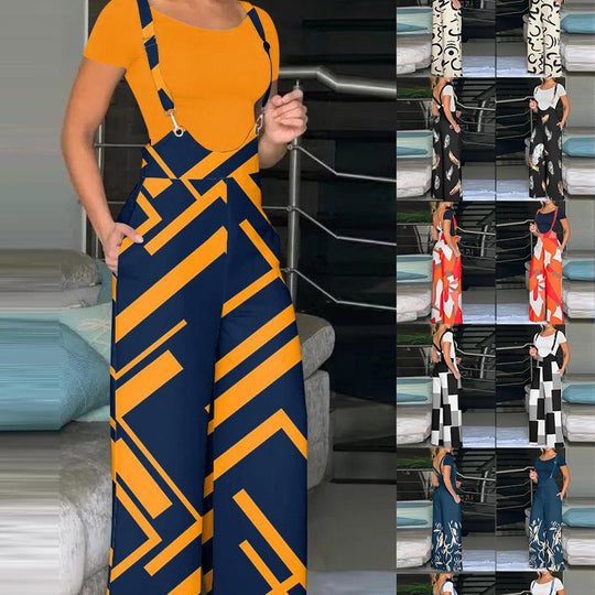 Damen modische Latzhose mit weitem Bein und buntem Grafikdesign R&B