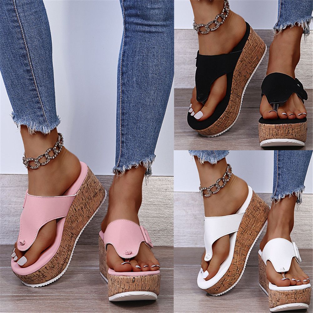 Damen komfortable Zehentrenner-Sandalen mit Kork-Plateau R&B