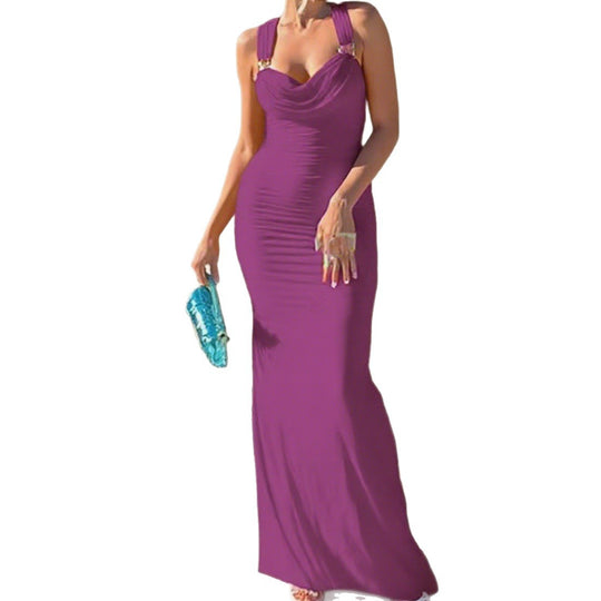 Damen Elegantes figurbetontes Abendkleid mit drapiertem Oberteil und goldenen Trägern R&B